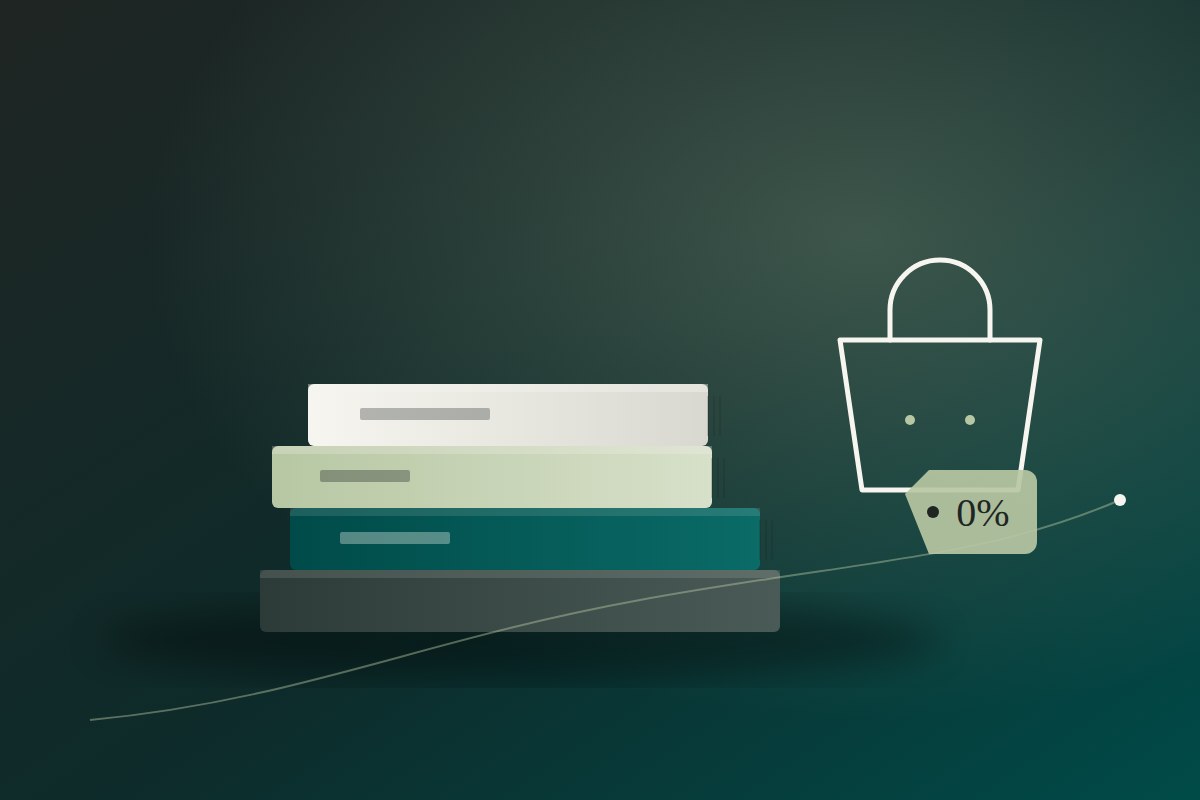 Stacked printed books beside a laptop showing an online store, in muted teal tones